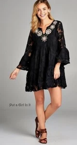 New PLUS SIZE Womens VELZERA BLACK FLORAL LACE BOHO SHABBY CHIC TUNIC XL 1XL 1X - Picture 1 of 4