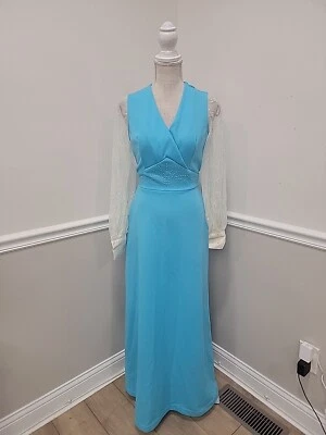 Maxi vestido de anfitriona azul vintage años 70 con mangas flocadas florales de gasa  Foto 1 de 4