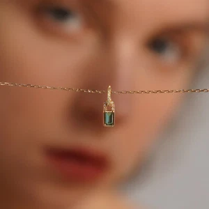 Dainty Princess Cut Emerald Baguette Pendant 18k Gold Sterling Silver Necklace - Picture 1 of 5
