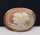 Pendant Art Nouveau Lady w/ Flower Antique Carved Shell Cameo 14Kt Gold Pin