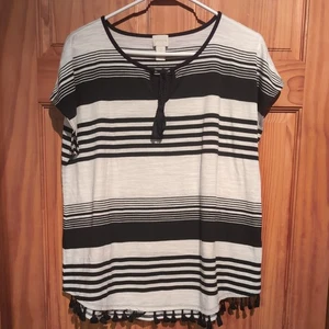 Chicos schwarz weiß Streifen verziert Fransen Strick Top Größe 2 Large - Bild 1 von 9
