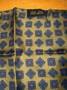 Vintage Silk Pocket Square Patterned Gold Blue Unbranded Classic - Picture 1 of 6