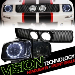 Smoke Drl LED Halo Headlights Nb+Matte Black Mesh Grille For 05-09 Mustang GT - Picture 1 of 2