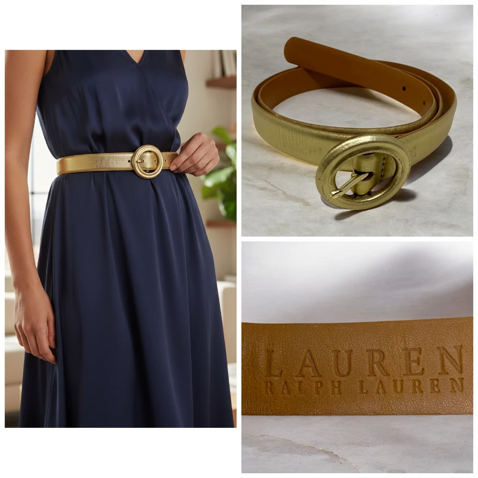 De Colección Lauren Ralph Lauren LRL Dorado Cuero Metálico Talla M Vestido Cinturón Hebilla Círculo Foto 1 de 4