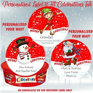Personalised Chocolate LABEL ONLY fits Celebrations Tub Christmas Elf,Santa Snow - Picture 1 of 7