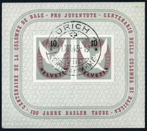 Switzerland B144,canceled ZURICH 12.11.45.Michel 444 Bl.12 Dove of Basel,1945. - Picture 1 of 1
