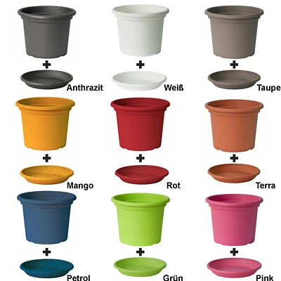 EURO3PLAST Blumentopf mit Untersetzer 9 Farben und 12 Größen 13 bis 60 cm Kübel Blumenkübel