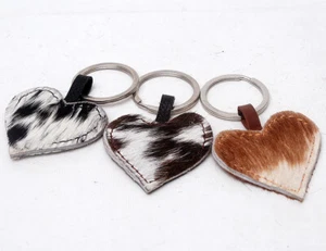 Set of 3 Keyrings 100% Natural Cow hide Heart Shaped Leather Hair On Keychain 49 - Picture 1 of 2