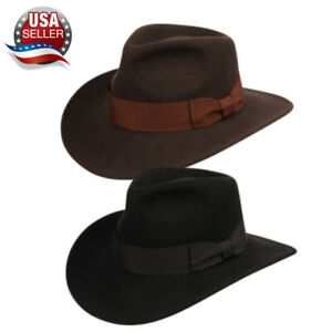Premium Wool Felt Indiana Jones Fedora Hat w/Grosgrain Band Crushable Outback