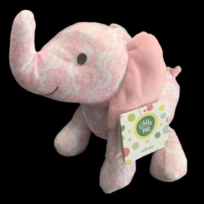 Little Me DAMASK ELEPHANT Pink Plush Lovey Rattle - Image 1 of 4