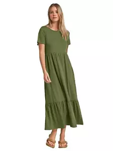 Womens Summer Short Sleeve Crewneck Aline Swing Flowy Tiered Beach Long Dress - Picture 1 of 14