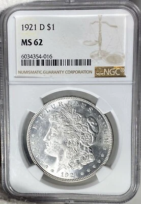 BU 1921-D Morgan Silver Dollar NGC MS62 BLAST WHITE & Great Luster! XLT - Image 1 of 3