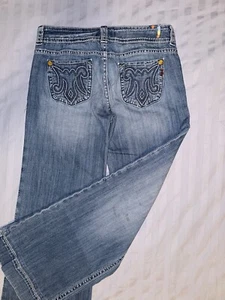 Pantalones de mezclilla bordados MEK EE. UU. pierna 29/34 con llamaradas de lavado med - Imagen 1 de 12
