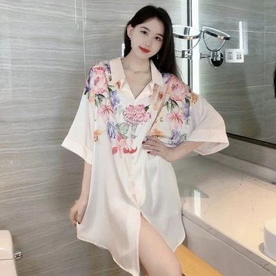 Pijama feminino de seda cetim manga curta pijama abotoado roupa de dormir roupa para casa - Imagem 1 de 4