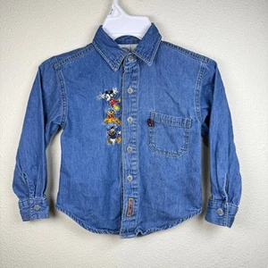 Vintage 90s Y2k Disney Mickey Mouse Pluto Embroidered Denim Shirt Boy GirlsM 5 6 - Picture 1 of 7