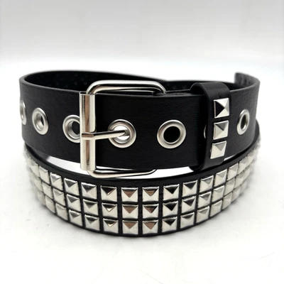 Cinturón unisex estilo Y2K negro imitación cuero plateado 3 filas pirámide tachonado 37-44" Foto 1 de 4