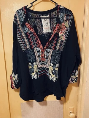 JOHNNY WAS Túnica de Terciopelo Negra Floral Manga Larga Bordada Top Camisa 1X? Foto 1 de 4