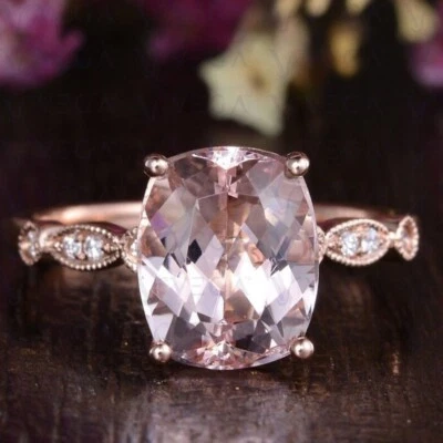 Anillo de morganita natural y diamantes de corte cojín de 4,66 quilates 100 % oro rosa sólido de 14 k Foto 1 de 4