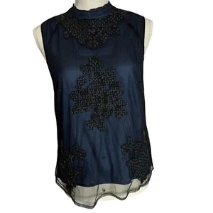 Lucky Brand schwarzes ärmelloses Top mit Perlen und transparentem Overlay & Schlüsselloch hinten Small - Bild 1 von 7