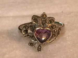 Vintage Sterling Silber Amethyst Herz mit Markasiten Akzenten, Gr. 7,2 - Bild 1 von 4