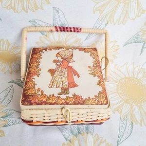 Vintage | Retro Kitsch Plastic Woven Fabric Top Sewing Box Holly Hobbie Style - Picture 1 of 18