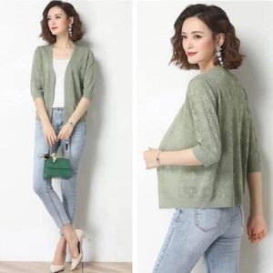 Women Faux Silk Knitted Cardigan Cutout Thin Short Sweater Shawl 3/4 Sleeve - Picture 1 of 15