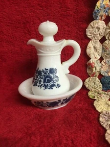 Avon White Milk Glass with Delft Blue Flowers Pitcher Lid and Bowl Decanter - Picture 1 of 4