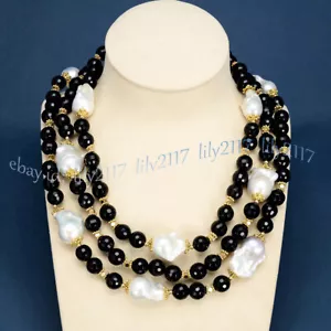 3 Rows 10mm Faceted Black Agate Onyx White Baroque Keshi Pearl Necklaces 18-20'' - Picture 1 of 3