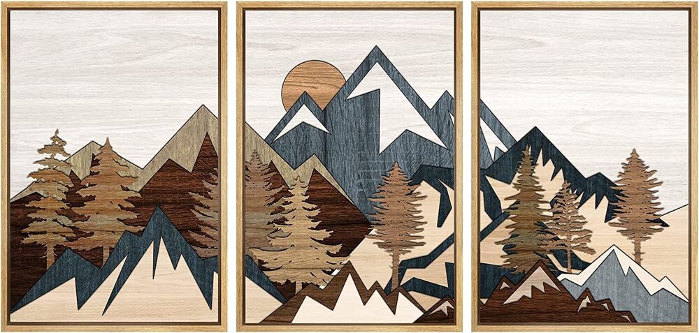 Mountain Landscape Wall Art Framed Canvas Prints Set of 3 Rustic Decor