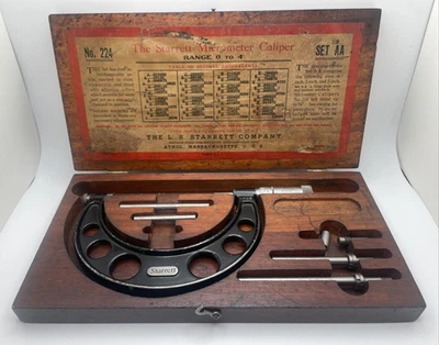 Vintage Starrett No. 224 Micrometer Caliper Set AA | 0–4" Range with Wooden Case - Image 1 of 4