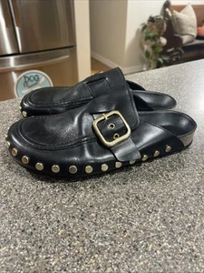 ZARA Black Leather Slides with Gold Tone Studs & Buckle 7.5 Beautiful - Picture 1 of 8