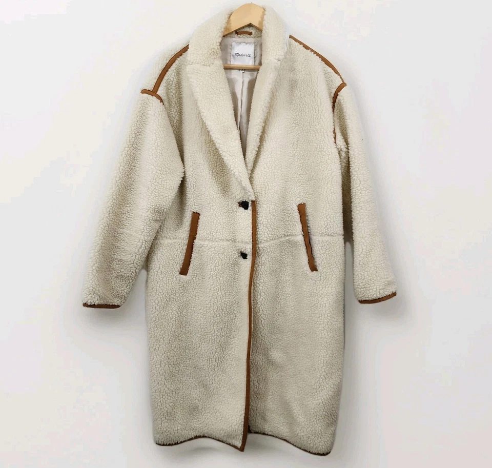 Madewell Sherpa Topcoat Faux Shearling Ivory Sz M Oversized Teddy Cocoon Duster - Image 1 of 4