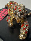BETSEY JOHNSON GOLD CROUNCHING CHEETAH CAT CLEAR CRYSTALS  RED ENAMEL PENDANT