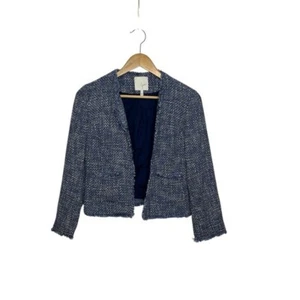 Blazer ligero Joie para mujer talla pequeña azul blanco tweed flecos mezcla de algodón - Imagen 1 de 13