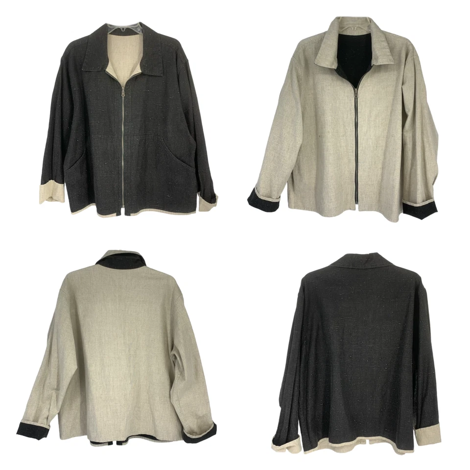Vintage Flax Jeanne Engelhart Sz L Reversible Cotton Linen Jacket Black/Natural - Изображение 1 из 4