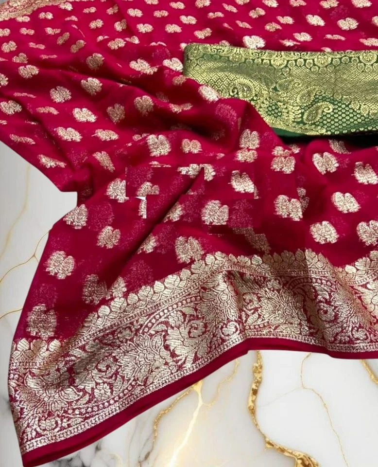 Вискоза Georgette сари с цветочным жаккардом и Zari контраст блузка - Изображение 1 из 1