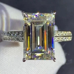 RARE 26.20 Ct Certified Emerald Cut Solitaire Off White Diamond 925 Silver Ring - Picture 1 of 6