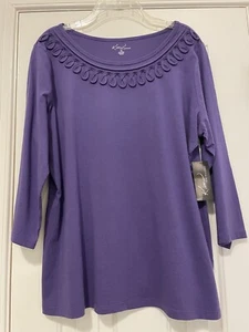 Amethyst long sleeve top w/ loop-trim front neck XL 100% cotton knit Kim Rogers - Picture 1 of 8