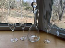 Toscany Blown Glass Decanter Set FloraL Etched W/ 3 Wine Glasses Labels Romania