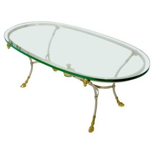 Brass And Glass Oval Coffee Table Vintage Labarge Mid Century Hollywood Regency