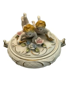 Piatto con coperchio cherubino porcellana dipinto a mano vintage Ardco 4,5”H X 6”W - Foto 1 di 6