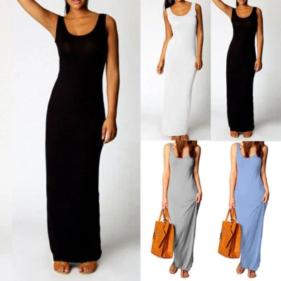 Womens Fashion Elegant Slim Vest Dress Casual Solid Sleeveless Full Long Dress И - Image 1 of 4