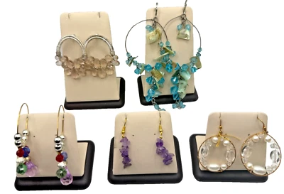 Set Of 5 Colorful Beaded & Faux Gemstone Dangle Earrings - Image 1 of 4