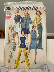 VINTAGE 1968 SIMPLICITY 8045 MISSES' SKIRT, BLOUSE, PANTS, SLEEVELESS JACKET - Picture 1 of 2
