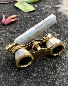 Antique Opera Vintage Glasses Binoculars White Mother of Pearl & Handle Brass - Picture 1 of 6