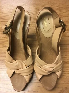Chloe Wooden Heel Platform Peeptoe Slingback Heels, Beige Nude, 38.5 - Picture 1 of 8
