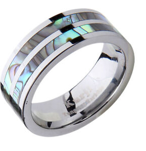 Mens Wedding Band Ring Tungsten Carbide Modern Abalone Shell Inlay comfort Fit