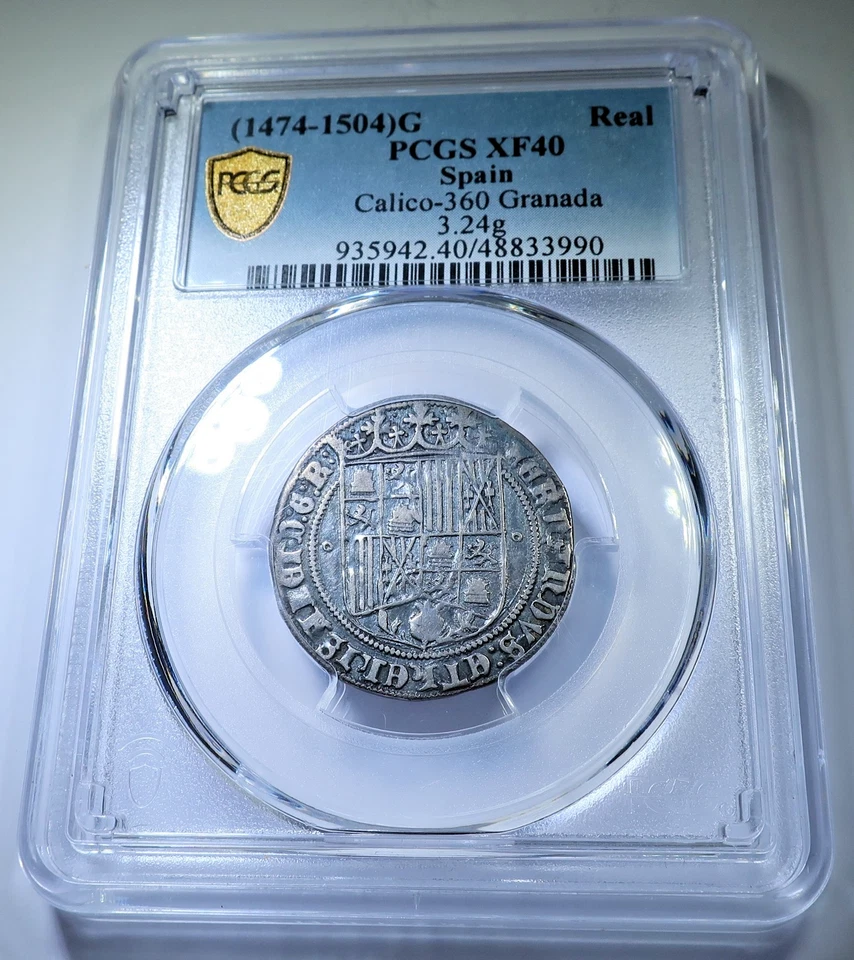 Moneda Antigua Colón 1 Real Español Fernando Isabel 1 Real PCGS XF-40 1400-1500s Foto 1 de 2