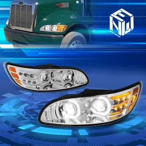 For 99-20 Peterbilt Trucks Switchback LED DRL C-Halo Projector Headlights Chrome - Picture 1 of 11