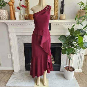Adrianna Papell Red One Shoulder Dress Burgundy Jeweled Evening Peplum Size 10 - Picture 1 of 10